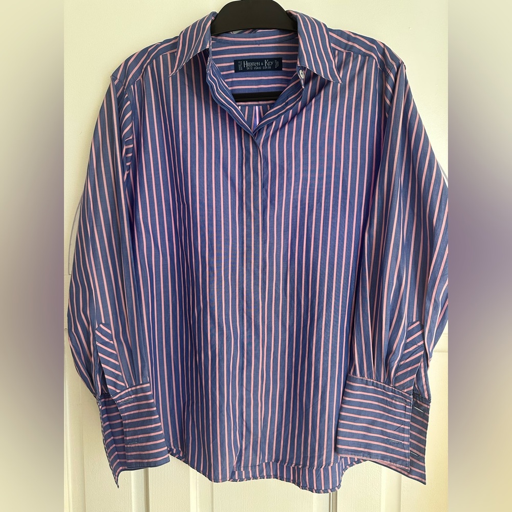 Men's Hilditch & Key Blue and Pink Striped Shirt Made in Britain Size 10